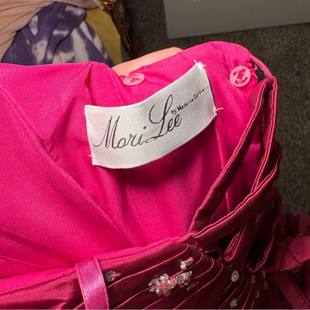 Mori Lee Hot Pink Halter Cocktail Dress with Embellished Bodice - Picture 4 of 6